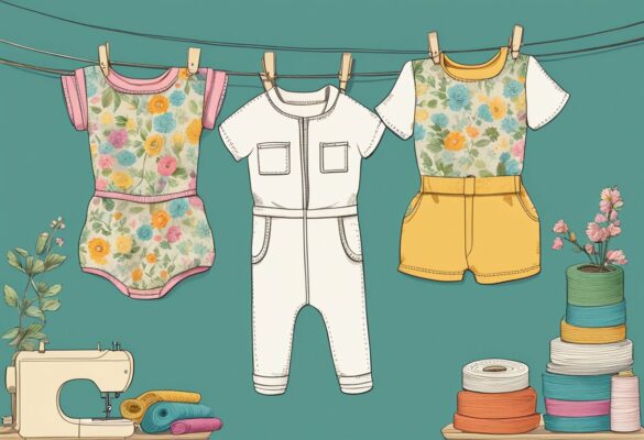 A cozy, footed jumpsuit hangs on a clothesline, surrounded by vintage sewing patterns and spools of colorful thread