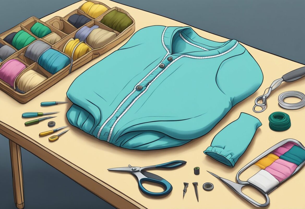 A one-piece being altered with sewing tools and pins on a table