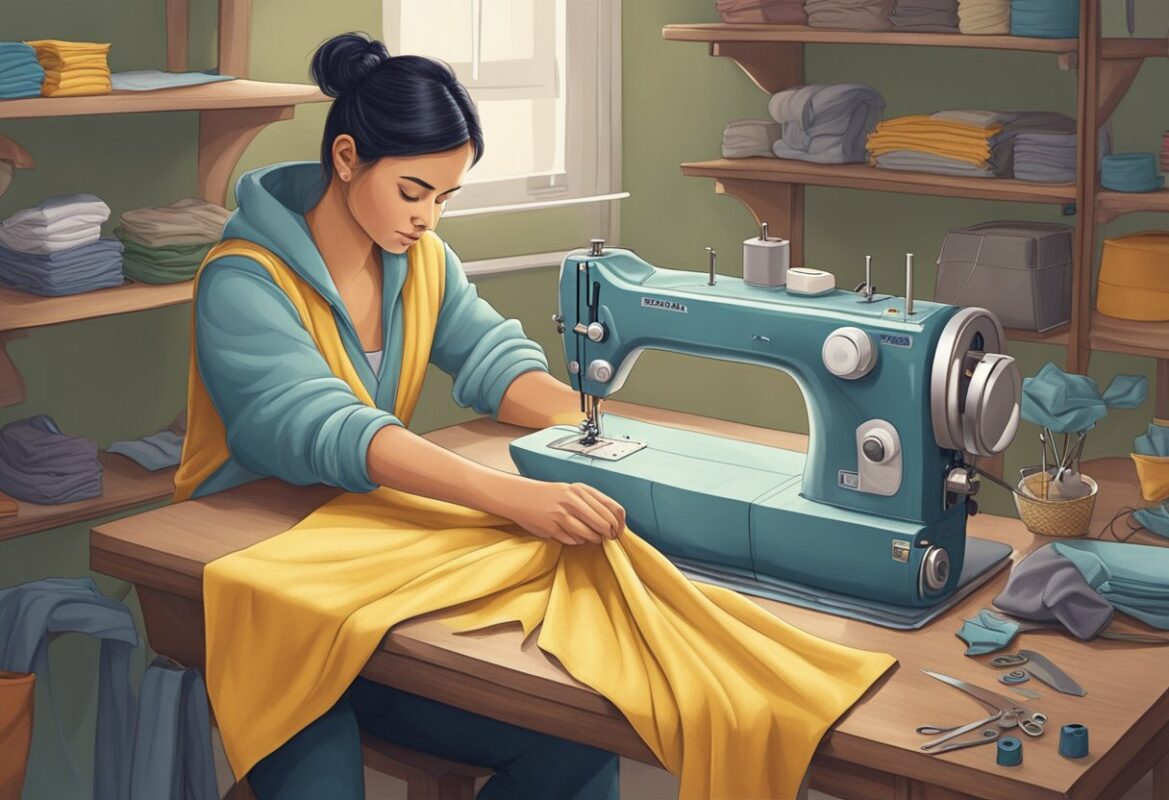 A tailor using a sewing machine to alter a one-piece, cutting and stitching fabric to make it smaller