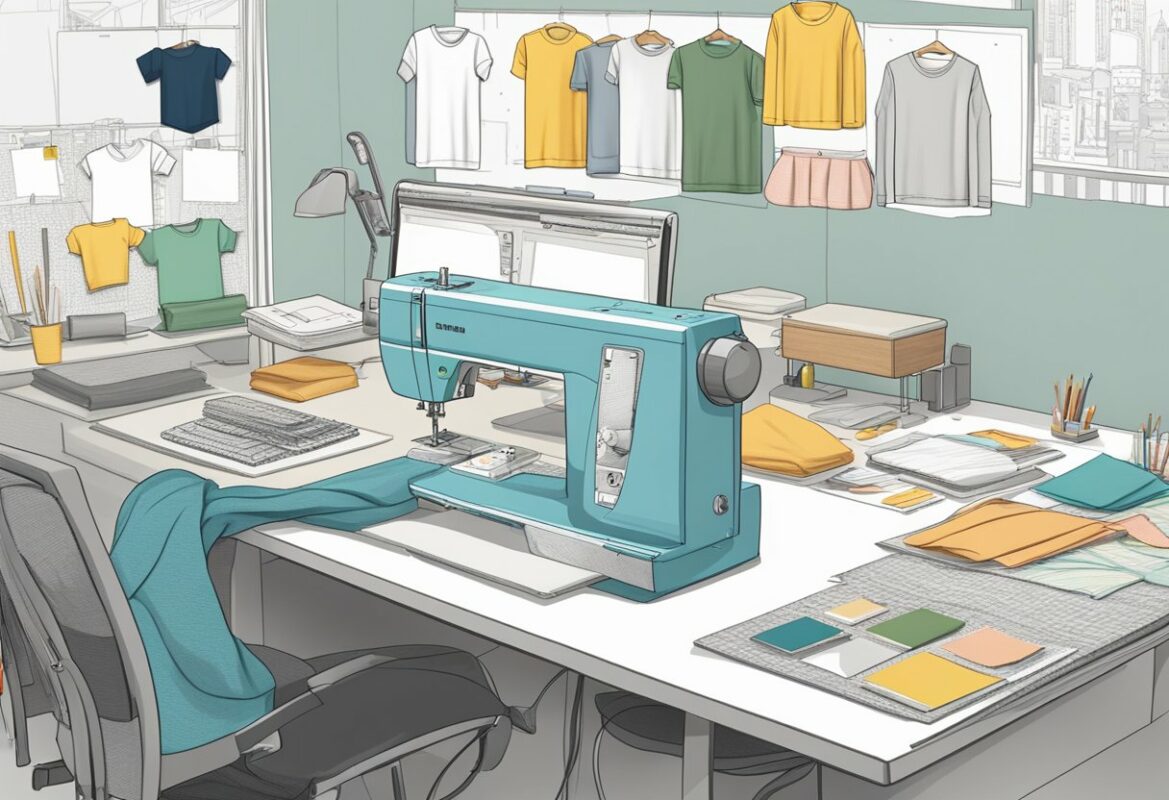 A modern one-piece being designed on a computer, surrounded by sketches, fabric swatches, and a sewing machine