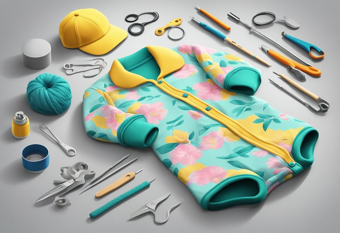 A one-piece being gently pulled and stretched on a flat surface, with various tools and items around for styling and layering