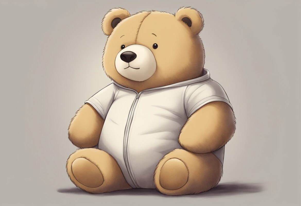 A one-piece stretched tightly across a chubby teddy bear, with seams straining and fabric pulling at the shoulders and crotch