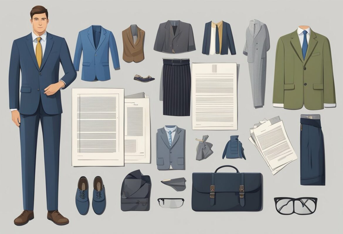 A person in a business suit holding a patent document, surrounded by various clothing and textile materials