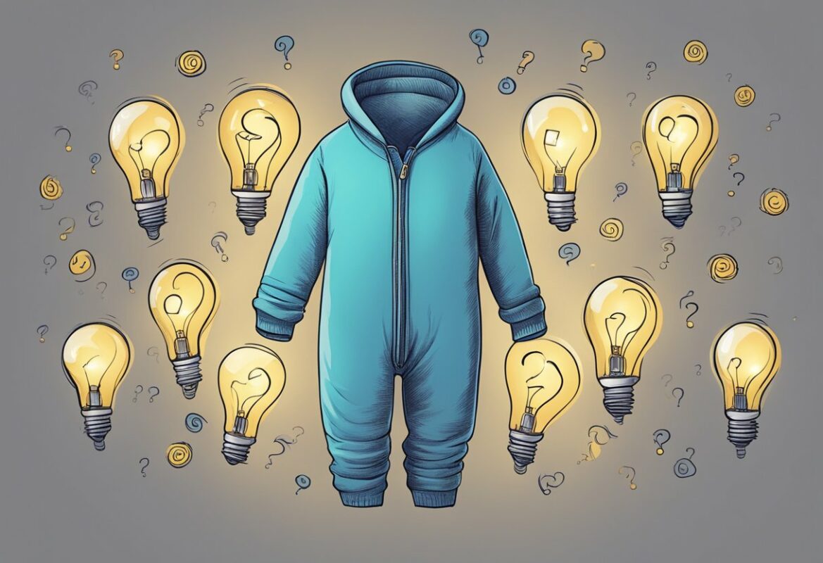 A cozy, one-piece garment surrounded by question marks and a light bulb, symbolizing the search for the inventor of the one-piece