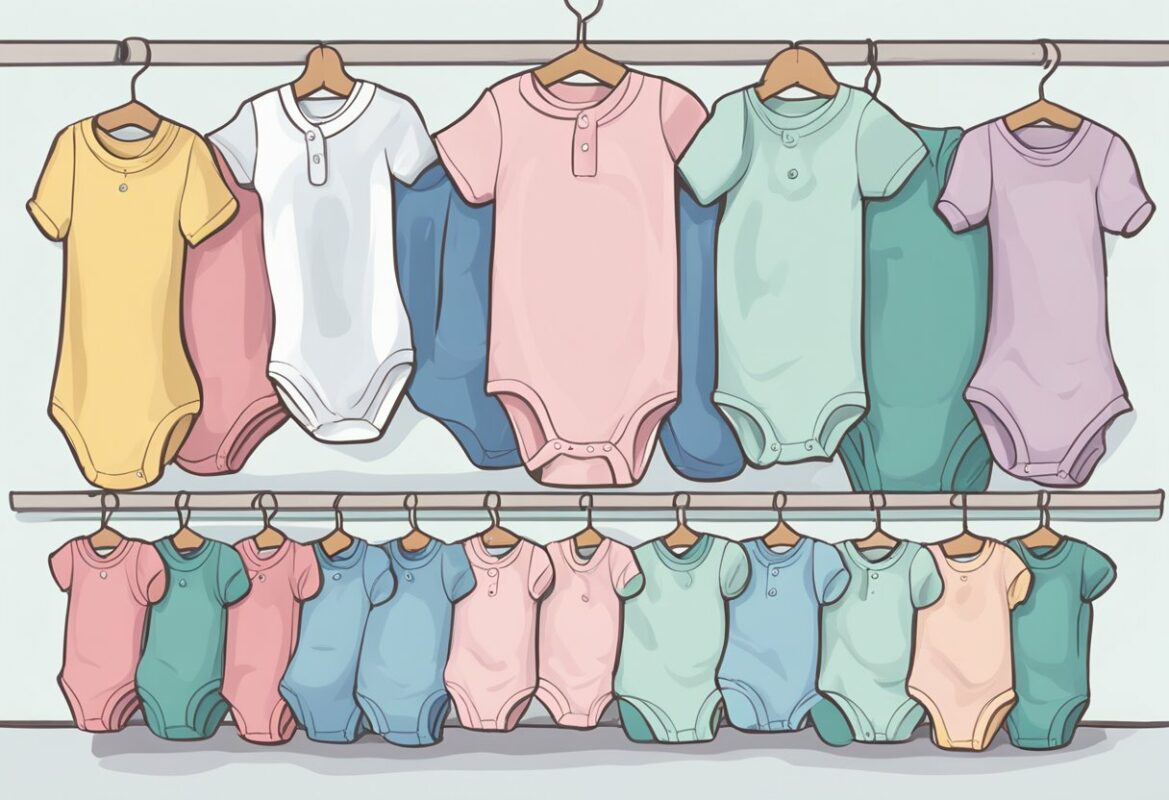 A stack of baby bodysuits, some stretched out, others snug. A measuring tape lies nearby, comparing sizes